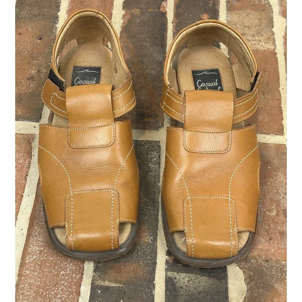 Brown Tan Leather‎ Sandals Closed Toe Casual Fridays Fisherman Shoes Men's 9